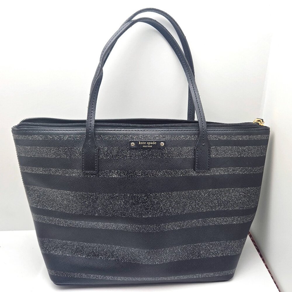 Kate Spade Haven Lane Hani Handbag Purse Tote Black Glitter Stripe 2017